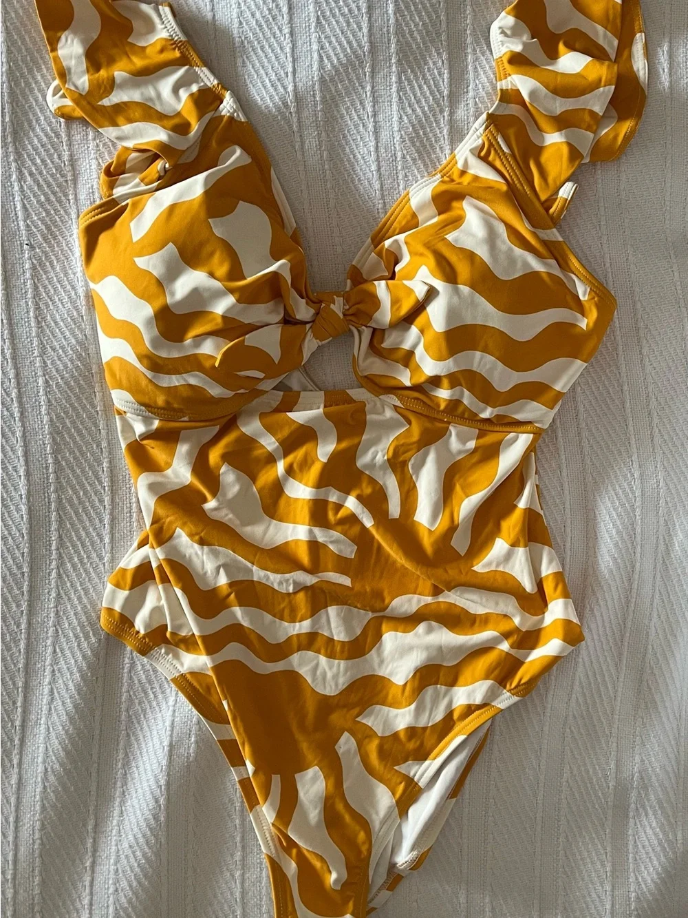 LOFT Yellow and Cream Wave-Print Tie-Front One Piece Swimsuit